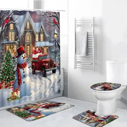 Duschvorhänge 4PCS Weihnachtsset mit Teppichen Schneemann Red Bird Truck Weihnachtsbaumwinterland Jahr Badezimmer Dekor Bad Matte