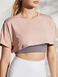 Active Shirts Midriff Loose Crop Yoga Top Gym Sport Shirt Women Fitness Seamless Workout Tank Tops Sports Running T Activewear Blouse