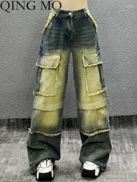 Kvinnors jeans Qing Mo Personlig rufsad fickdesign Eränkta kvinnor 2024 Spring Autumn High midja Löst passform ZXF4867