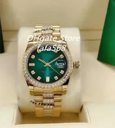 test Automatic men watch 128348 36mm gold case stones bezel and diamonds in middle of bracelet green face wrist watches2796052