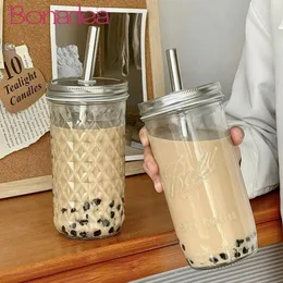 와인 잔 650ml Boba 밀크 티 유리 물 컵 밀짚 뚜껑 대용량 선명한 내열 커피 거품 주스 냉수 음료