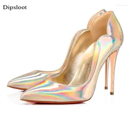 Отсуть обувь Золото -красное лазер блестящее кожа свадебные насосы дамы стилет высокие каблуки