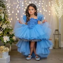 Abiti da ragazza a maniche corte blu fiore per matrimoni Appliques per tulle First Communione Abito da ballo a bassa/alta principessa