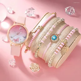 Wristwatches 7pcs Women's Watch Set Fashion Casual Pink Leather Butterfly Quartz Bracelet