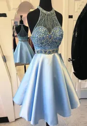 2017 New Light Sky Blue Crew Neck Dresses HomeComing Homeses مع الديكور المخصص Made Mini Mini Short Line Girls Cocktail Party GO5242343