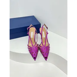 2024 Summer New Purple Red Cross Pointed Thin Heel High Heels Knitted Hollow Buckle Sandals Women's Lacquer Leather