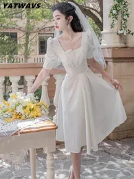 Party Dresses Yatwavs Designer Elegant Square Collar Folds White Women's Summer Fashion Puff Sleeve High midja A-Line Dress