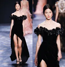 Elie Saab Black Velvet Split Evening Dresses Sheath Off Shoulder Party Evening Gowns Floor Length Celebrity Dress Custom Made7656629