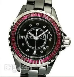 Donne di lusso orologi Lady 12 Red Diamond Bezel Black Ceramic Quartz Watch Calendario Casual Womens Fashion Girl Owatch 5601501 5601501