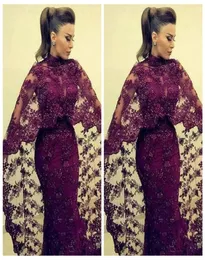 Elegant Bourgogne Lace Dresses Evening Wear High Neck Applicants Formell tillfälle Klänning Muslim Arabiska kändis Prom Party GOWNS5895091