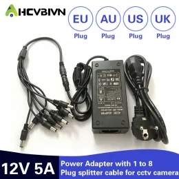 Acessórios AHCBIVN 12V 5A 8CH Fonte de alimentação CCTV Câmera Caixa de alimentação 8 Porta DC+Pigtail Coat DC 12V Adaptador de energia