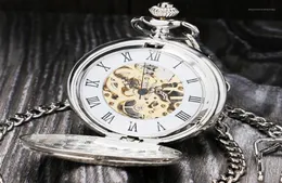 Vine Silver Roman Number Mechanical Pocket Watch podwójny otwarte obudowa Fob Zegarek P803C18878824