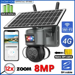 Kameralar 8MP 4K Güneş Kamerası 4G SIM Dış Mekan Su Geçirmez Güvenlik Koruma Gözetim İzleme WiFi PTZ Çift Lens 12x Zoom CCTV IP Cam