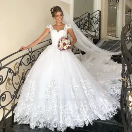 드레스 Boho Beach Lace Full Wedding Dresses 2023 Crew Neck a Line Tulle Illusion Cap Sleeves Sweep Sheer Bridal Gowns Court Tr