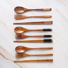 1Pairs Chopoons Spoons Fork feito à mão Japanese Natural Wood Cosques de pauzinhos