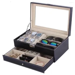 Titta på rutorna 6 och 3 Eyeglassessunglasses Box med smycken Display Case Organizer Double Layer for Menwomen