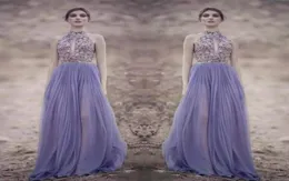 Rami Kadi 2018 Lavanta Balo Elbiseleri Yular Anahtar Deliği Boyun Nakış Boncuklu Gece Elbiseler Seksi Illusion Gowns Özel Made7593452