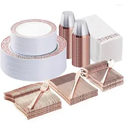 Dostępne zastawy obiadowe 350pcs Rose Gold Plastic Set dla 50 gości koronkowe talerze impreza obejmuje deser obiadowy