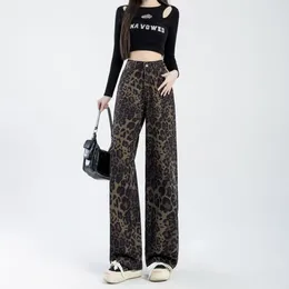 Kvinnors jeans 2024 Spring Leopard tryckt kvinnor Hög midja Löst breda ben Denim Pants Y2K Streetwear Trousers Jean Pantalones 6376