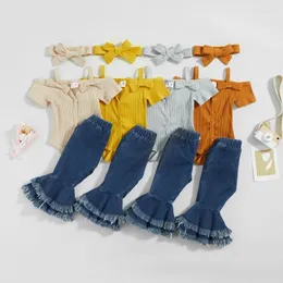 Clothing Sets Born Baby Girl Clothes Summer 3Pcs Outfit Set Short Sleeve Ribbed Romper Denim Flare Pants Head Band Infant
