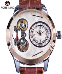 Forsining Fashion Second Dial Tourbillion Rose Golden Hülle Brown echte Ledermänner Watches Top -Marke Luxus Automatic Watch4747817