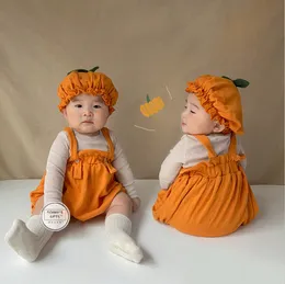 Baby Boys Girls Halloween Cosplay Yellow Pumpkin Rompers Newborn Compless مع الرضع المولود الجديد Romper ملابس بذرة