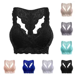 BRAS Fashion Women's Black Halter Bra damer Erotiska underkläder Sexig Deep V Solid Color Spets med bröstplatta Ropa Interior 2024