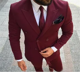 2018 Custom Made Men Suits Burgundy Wine Red Double Breast Blazer Groom Tuxedo Wedding Suits Business Slim Fat Fashion 잘 생긴 4664041