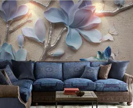 Bakgrundsbilder CJSIR SILK MATERIAL 3D Bakgrund Relief Blue Magnolia Blooming Bird Wall Mural Decorative Painting Decor