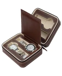 Brown Leather Four 4 Slots Zippered Travel Traveler039s Watch Storage Organizer Collector Case Suede Interior Watch Case Sport 7535325