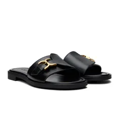 Easy-to-wear Gold-toned Marcie Buckle Sandals Shoes & Slide Flats Calfskin Leather TPU Sole Slip-on Mule Comfortable Daily Lady Walking