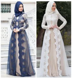 Vestidos de noite muçulmana de 2017 Apliques de renda de mangas compridas Uma linha elegante para vestidos de baile árabe em árabe