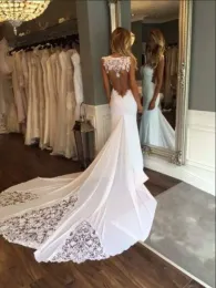 Kleider 2022 Spitzen Chiffon Beach Brautkleider Meerjungfrau Stil schiere Ausschnitt Siehe, obwohl Back Applique Brautkleider Hochzeitskleid billige Summe