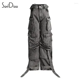 Kvinnors jeans soefdioo multi-pocket band design last denim pants kvinnor mode ihåliga breda benbyxor 2024 safari style streetwear