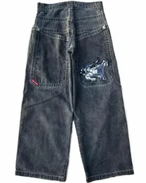 herr jeans streetwear jnco y2k hip hop carto grafisk tryck vintage baggy svarta byxor män kvinnor hög midja breda benbyxor x42k#