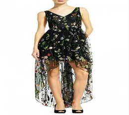 Sexy High -Low -Party -Kleider 2018 schwarzer vneck floral gestickte Blumenballkleider Abschlussballkleid Abend formelles Kleid Robe de Soiree2805327
