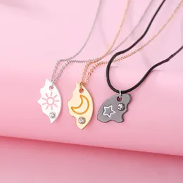 Charms Alloy Friendship Necklace Inlaid Rhinestone Sun Moon Cloud Star Jewelry Gift Round Pendant Three Person Chain Friend