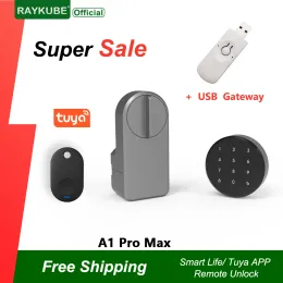 Lock RAYKUBE A1 Pro Max Tuya BEL Smart Door Lock Set with Fobs/ Keypad/ Smart Key Tuya Remote Unlock Work with Alexa Google Assistant