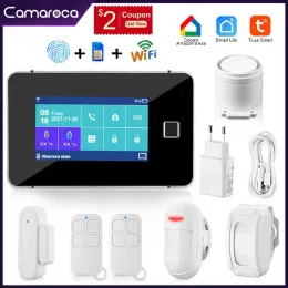 Kits Camaroca Tuya WiFi Alarm System GSM Smart Home Security Wireless Sensor Touch Screen FingerPrint Alarm Kit fungerar med Alexa