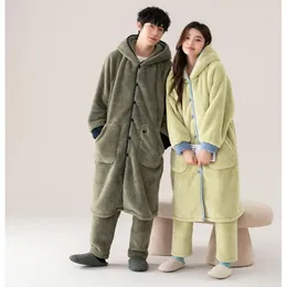 Women's Sleepwear High Quality Couple Solid Robe Winter Flannel Long Bathrobe Pant Hooded Home Clothing Thick Warm Men And Women Pijamas