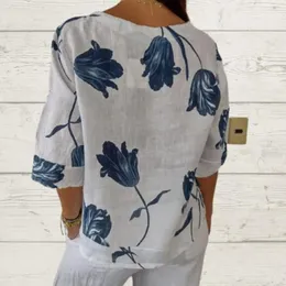 Kvinnors blusar Kvinnor tryckt V-ringning Skjorta Stylish V Neck Leaf Print Blue för retro Tre kvart ärm Soft Breattable Spring