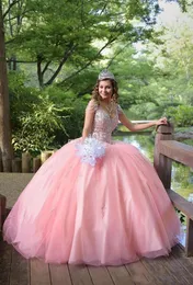 Blush Peach Pink Ball Gown Quinceanera Dresses Beads Crystal Applique Tulle Long Sweet 16 Prom Gowns8707163