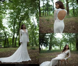 레이스 인어 웨딩 드레스 2019 Berta Long Sleeves Backless Sweep Train Ruffles Bohemian Bridal Gowns New Collection Custom Made7762701