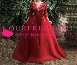 Burgundy Illusion Akşam Elbise Uzun Kollu Çiçekler Dubai Kaftan Suudi Arapça Zarif Resmi Elbise Müslüman Akşam Pageant DR1570935