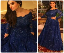 Shinning Royal Blue Evening Dresses Bateau Off Shoulder Long Hides Sequined Lace Plus Size Arabic MyriAm Fares Prom Clesses8600160