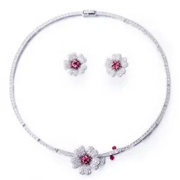 Set Cwwzircons Druzy CZ Stone Big Red Flower Wedding Bridal Choker Halsband och örhängen Party Costume Smyckesuppsättningar för brudar T0518