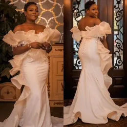 Dresses 2022 Modern Mermaid Wedding Dresses For Arabic Women Off The Shoulder Neck Plus Size Bridal Gowns Beaded Ruffles Sweep Train Satin