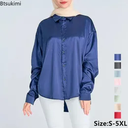 Blusas femininas 2024 camisa de cetim para mulheres muçulmanas soltas de tamanho longo de manga longa tampos de seda elegantes