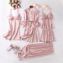 Dantelli kadın pijama ile Sweetwear seksi 5 adet cüppe takım elbise kimono elbisesi seksi salon giyim v yaka bornalı iç çamaşırı geceleme 240402