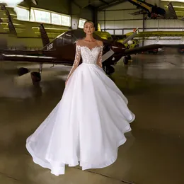 Purer Hals mit Schwerkristallen lange Ärmel weißes Hochzeitskleid Organza und Tüll a-line Bling Brautkleid 240323